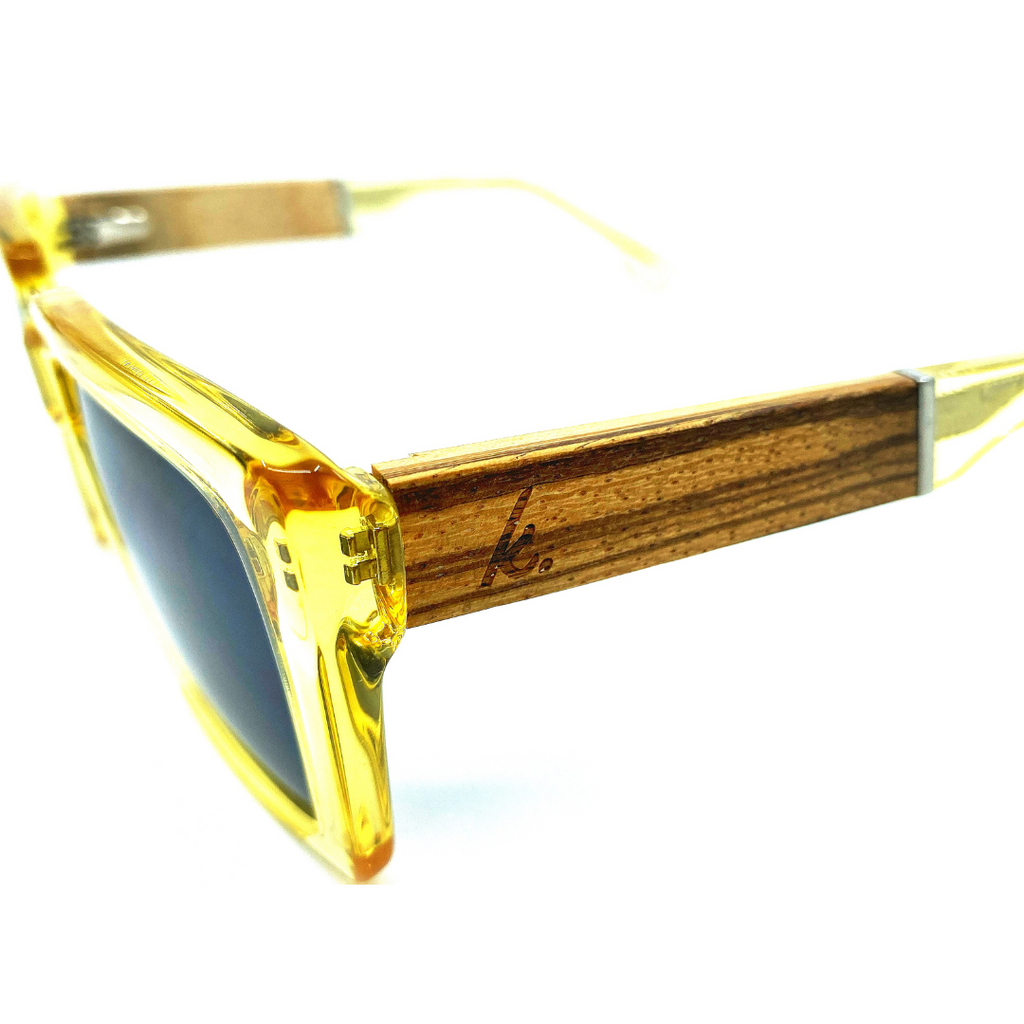 Bellini Sunglasses with Yellow Acetate Frames and wooden legs facing left