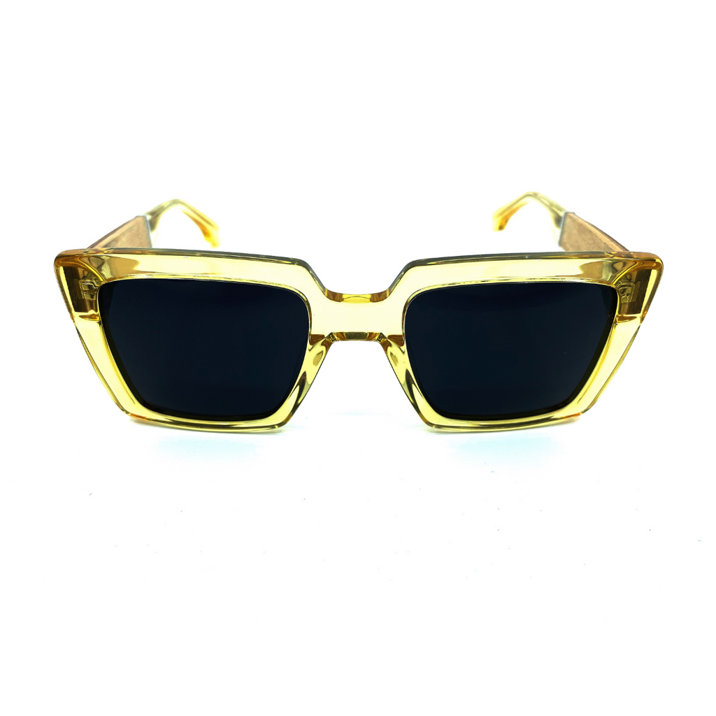Bellini Sunglasses with Yellow Acetate Frames and wooden legs facing front