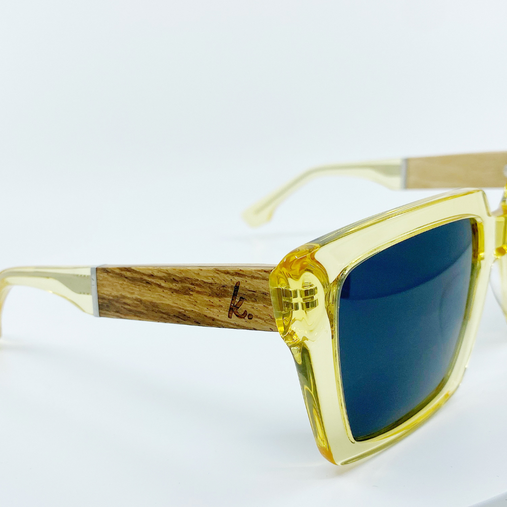 Bellini Sunglasses with Yellow Acetate Frames and wooden legs facing right